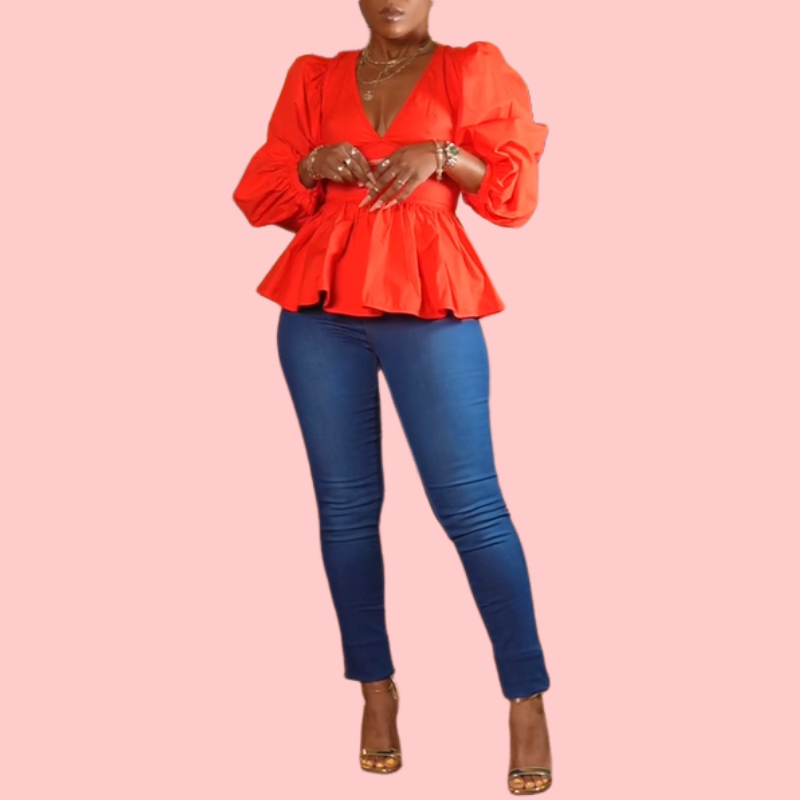 Orange V- Neck Bubble Sleeve Hem Top