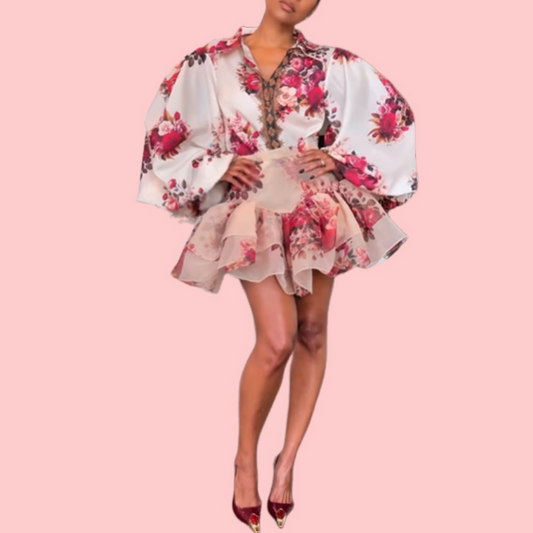 Floral Bubble Sleeve Blouse & Puffy Skirt Set