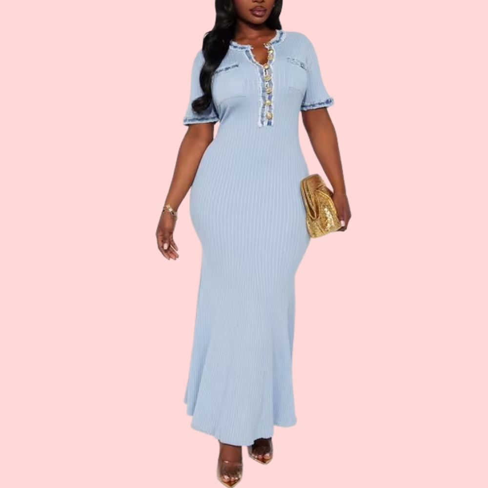 Knit Button-Up Short-Sleeve Fitted Maxi Dress