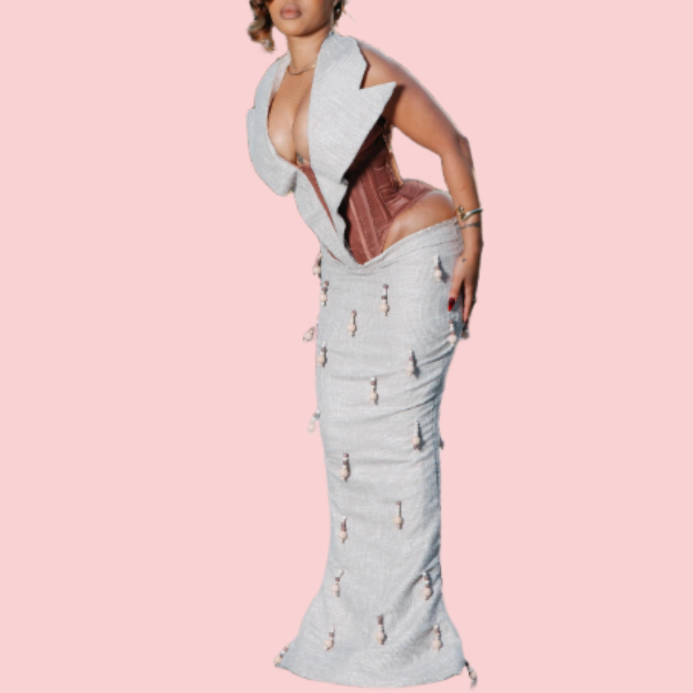 Gray V-neck Patchwork Fringe Maxi Dress