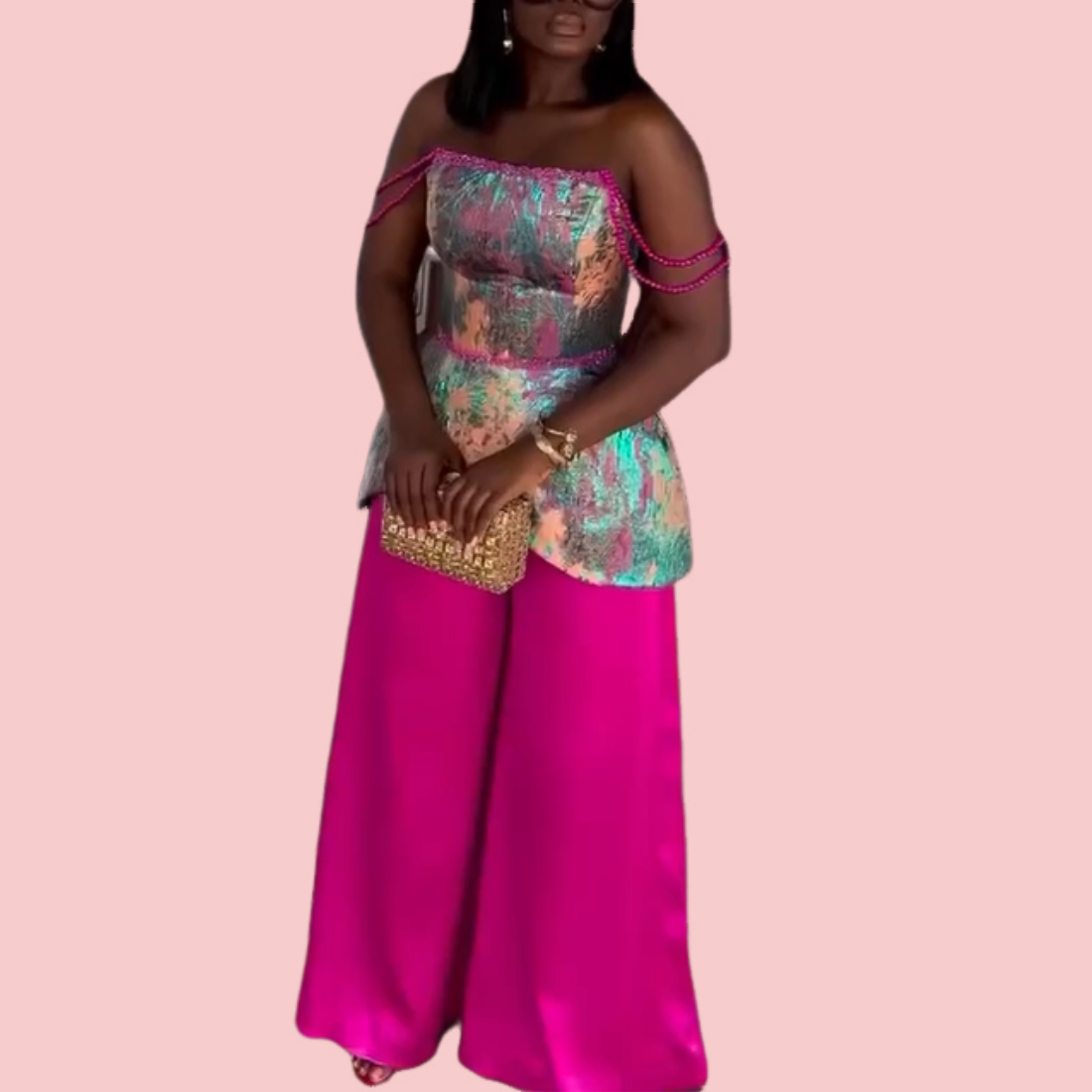 Embroidered Off-the-Shoulder Blouse & Pink Trouser Set