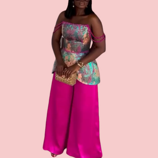 Embroidered Off-the-Shoulder Blouse & Pink Trouser Set