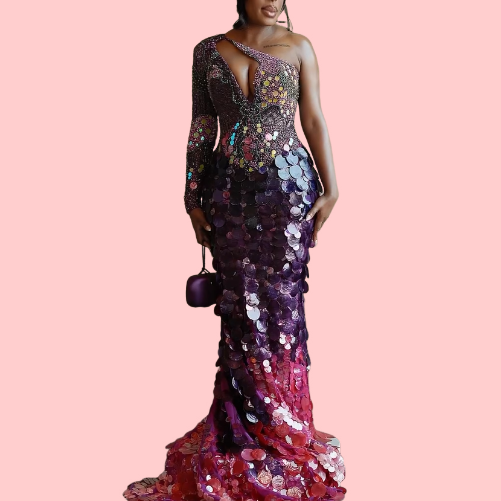 Colorful Sequin One-Shoulder Maxi Dress