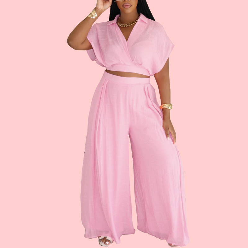 Solid Color V-Neck Mesh Two-Piece Set