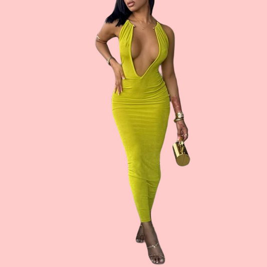 Green Fitted V-Neck Metal Halter Neck Dress