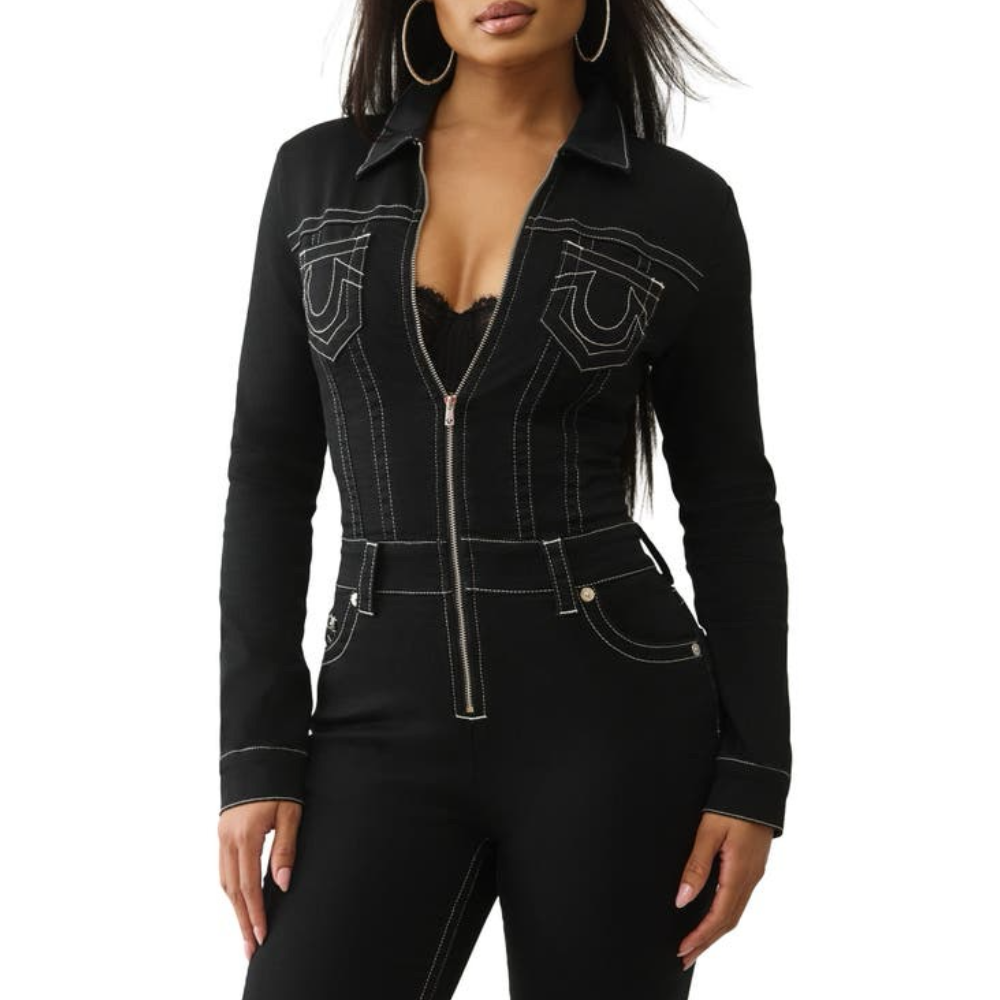 Black Denim Zipper Jumpsuit
