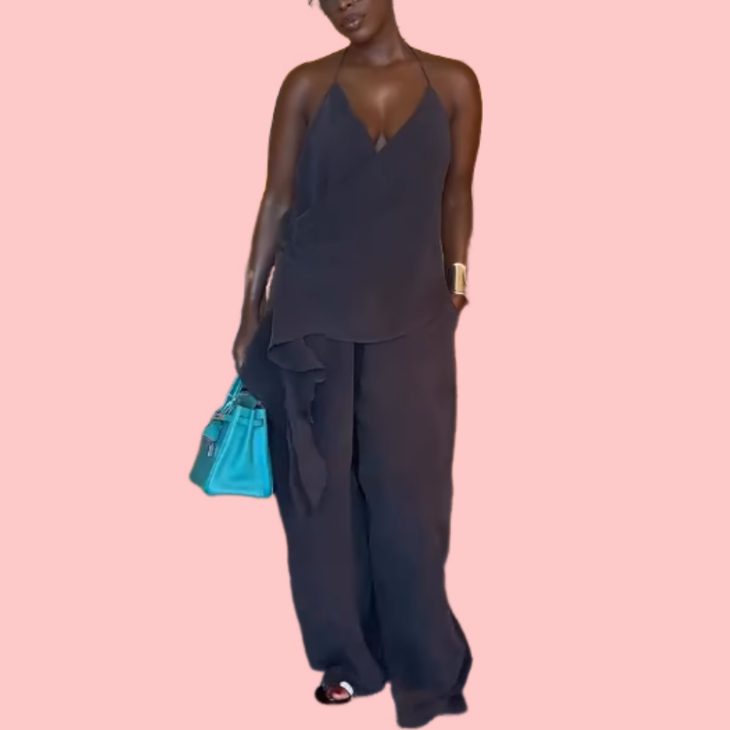 Gray Washed Flutter Top & Pants Set
