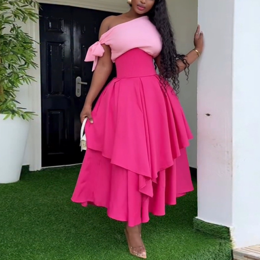 Slanted-Shoulder Color-Blocking Maxi Dress