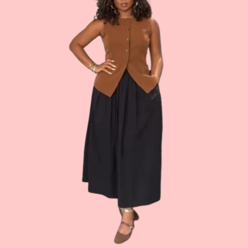 Brown Sleeveless Vest & Black Skirt Set