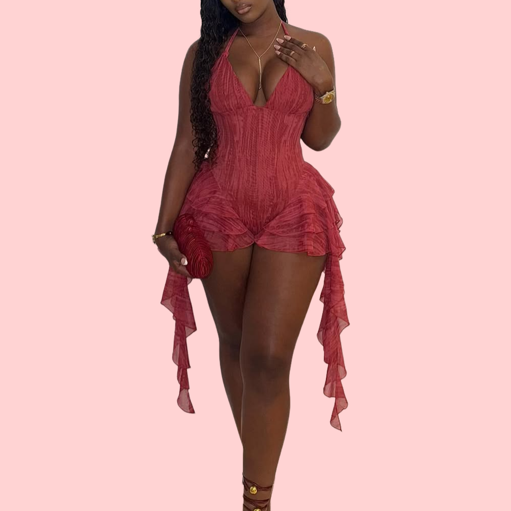Red Ribbon Halter Neck Rompers