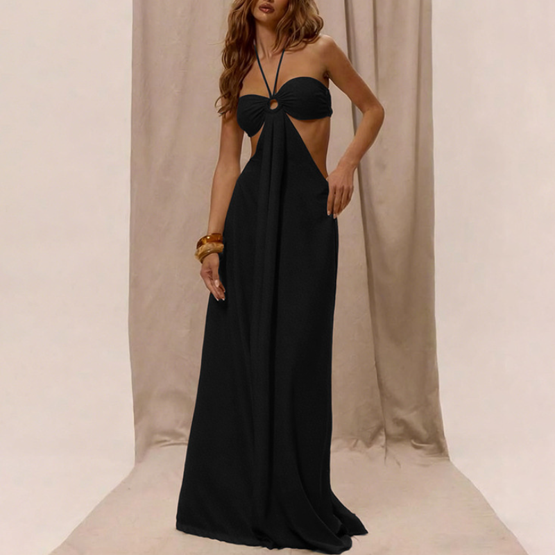 Solid-Color Lace-Up Strapless Loose-Fit Jumpsuit