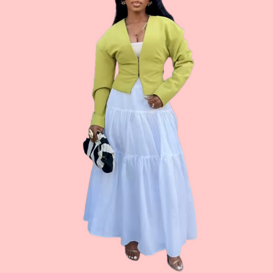 Green Zipper Blazer & White Skirt Suit