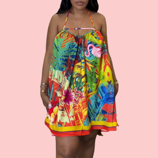 Colorful Printed Halter Mini Dress