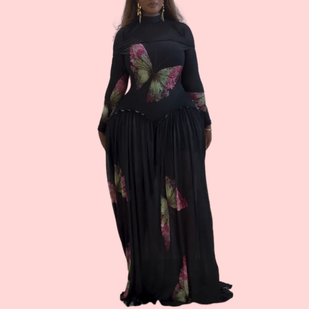Long-Sleeve Maxi Dress with Butterfly Print