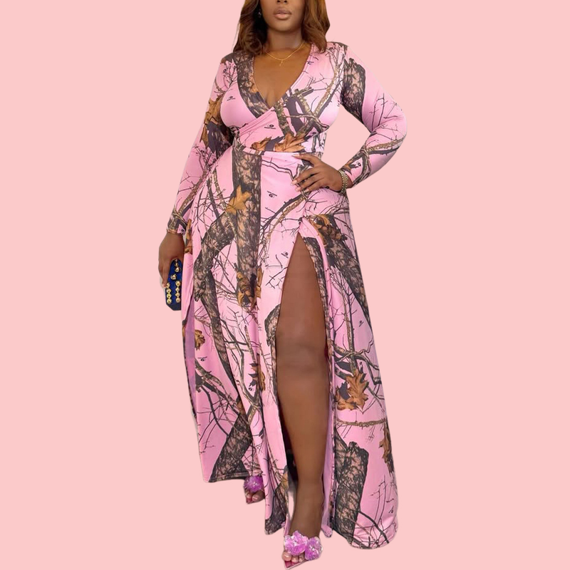 Pink Leaf Split-Hem Dress