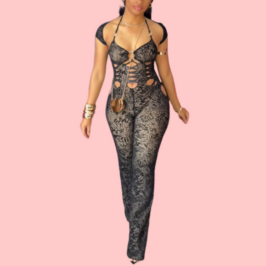 Black Floral Print Cutout Bodysuit