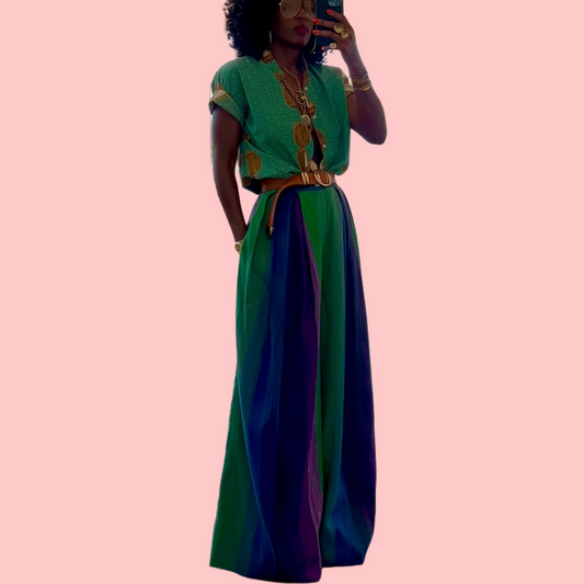 Green Floral Print Short-Sleeve Shirt & Color-Blocked Trousers Set