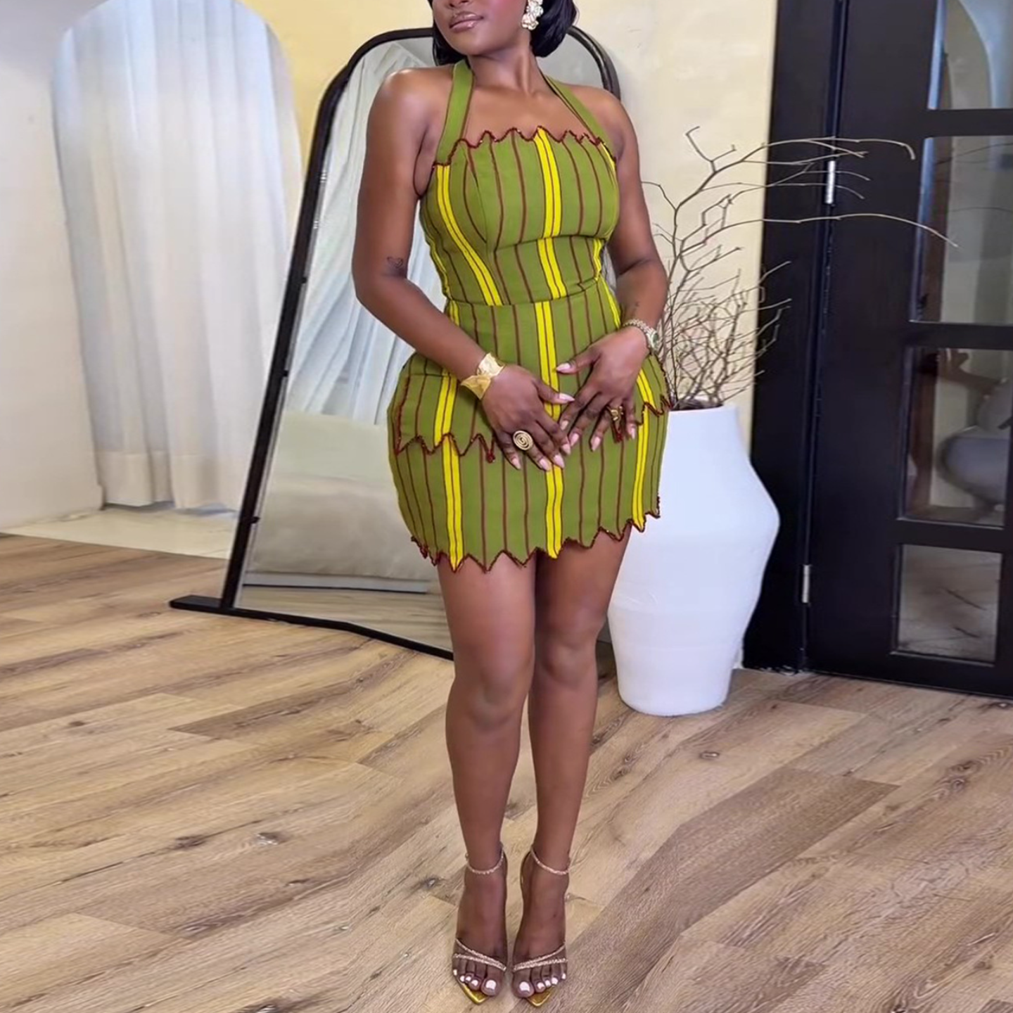 Green Striped Halter Mini Dress