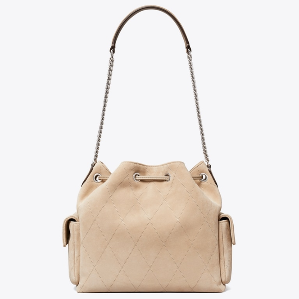 QUILTED SUEDE DRAWSTRING SHOULDER BAG