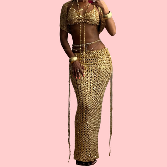 Gold Sequin Woven Skirt Set
