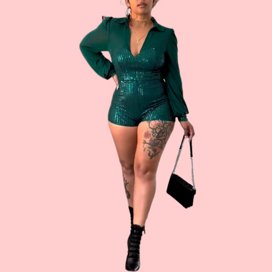 Black Sequin V-Neck Romper