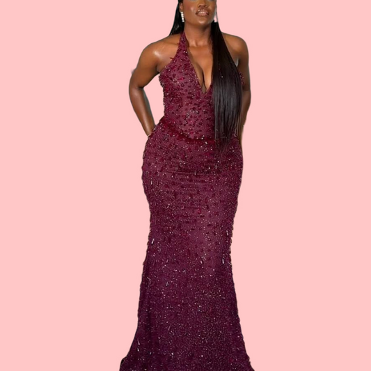 Red Rhinestone Sleeveless Maxi Dress