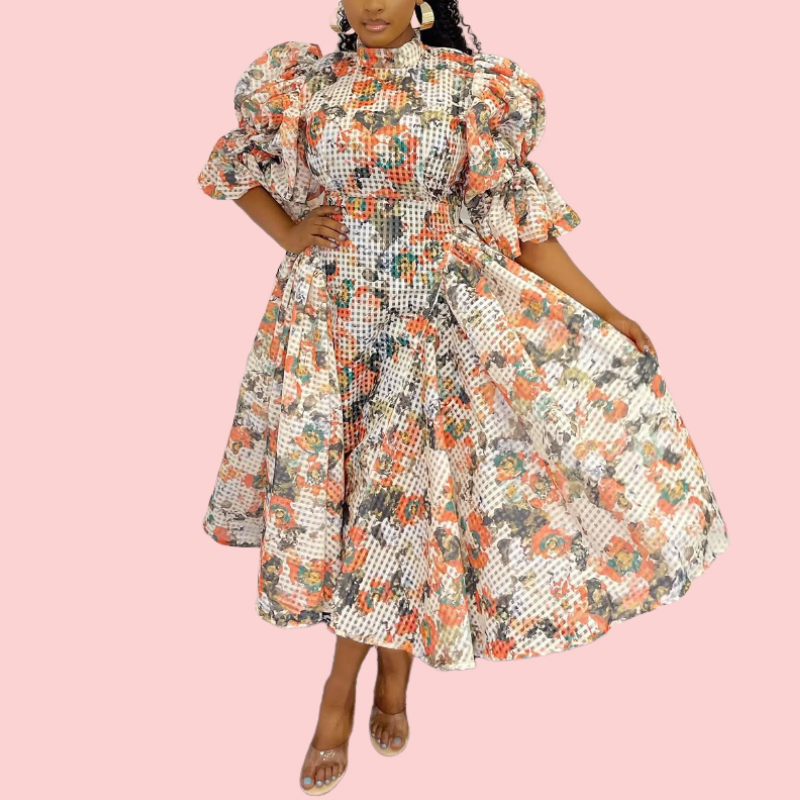 Floral Polka-Dot Bubble Sleeves Midi Dress