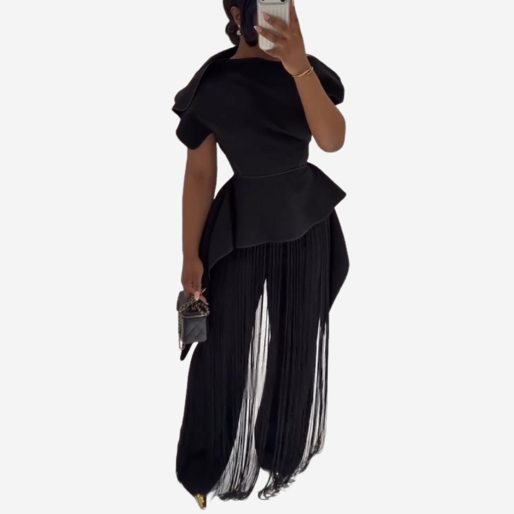 Black Asymmetrical Embroidered Top with Fringe + Trousers Set