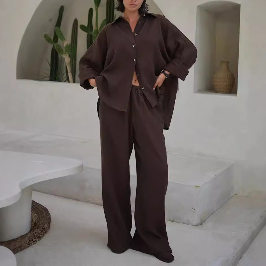 Solid-Color Long-Sleeve Shirt and Pants Set