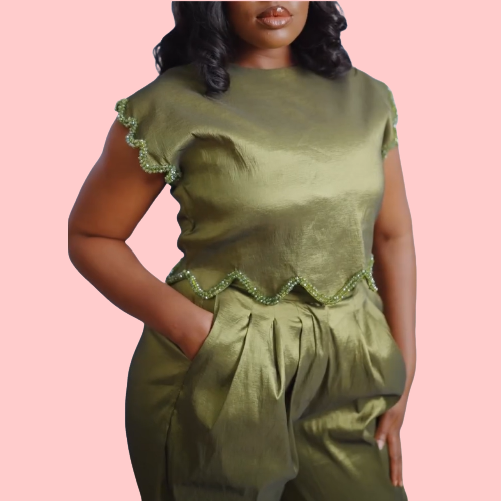 Rhinestone Short-Sleeve Top & Pants Set