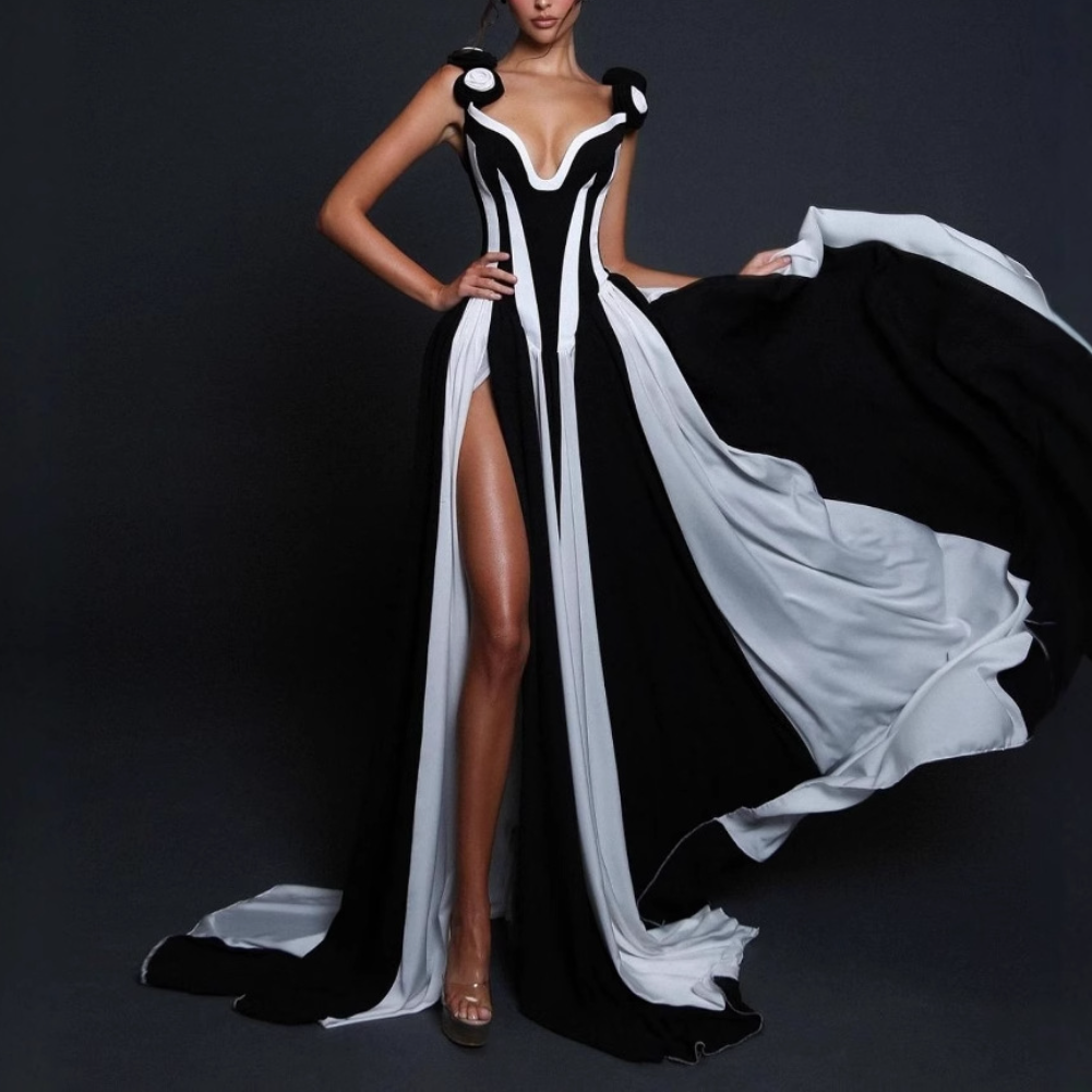 Black and White Colorblocked Floral Split Maxi Dress