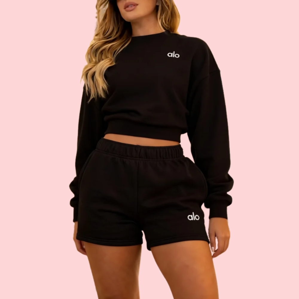 Black Crew Neck Long-Sleeve Sweatshirt + Drawstring Shorts