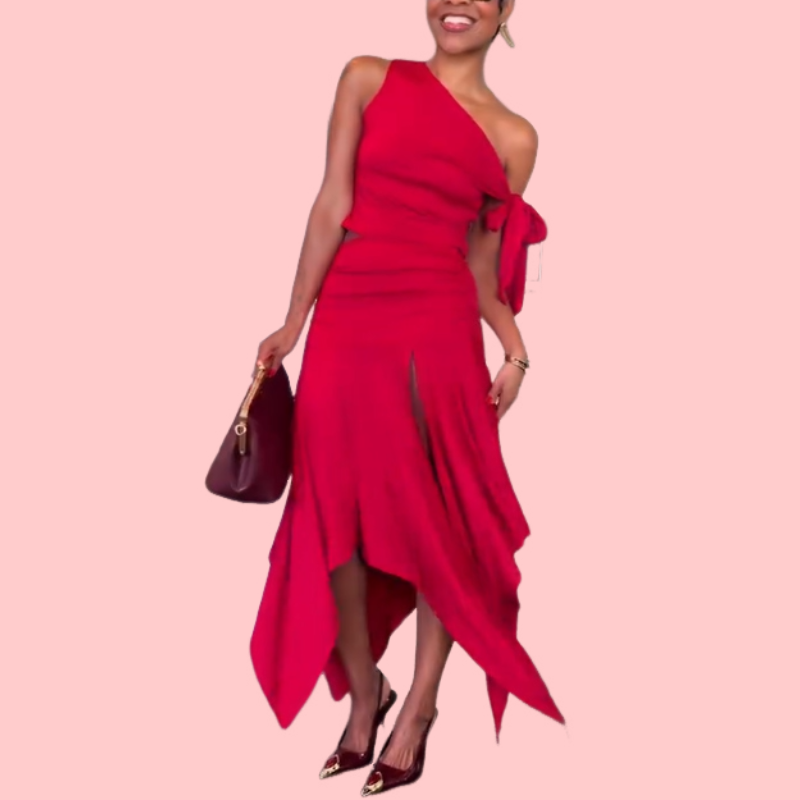 Red Slant Shoulder Top & Split Skirt Set