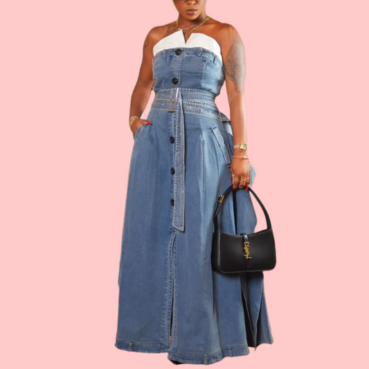 Washed Denim Single-Button Sheath Maxi Dress