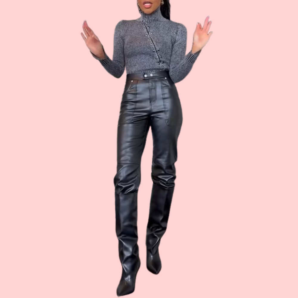 Gray Knit Turtleneck Zipper Sweater & Black Leather Pants Set