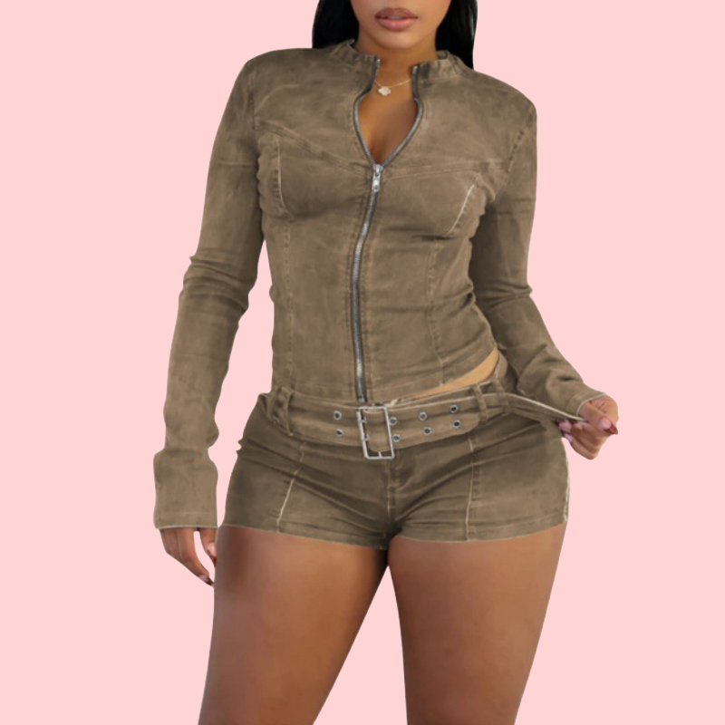 Washed Denim Zip Up Top & Shorts SET
