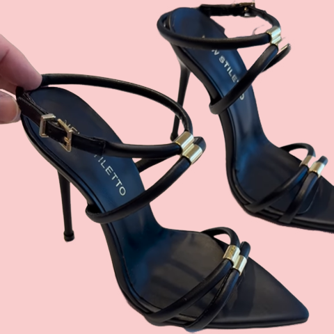 Black Strappy Pointed Toe High Heeled Sandals