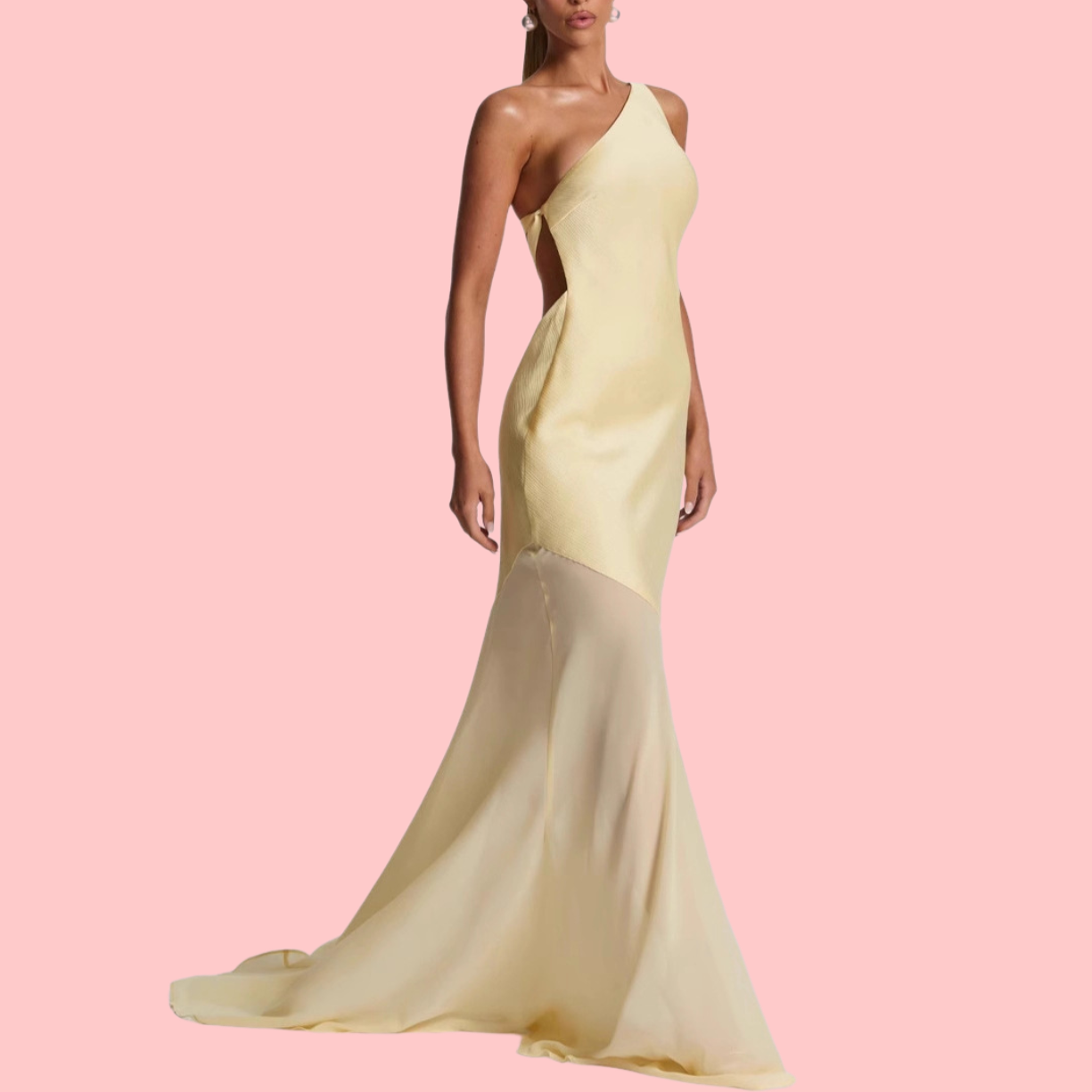 Solid-Color Off-Shoulder Mesh Panel Maxi Dress