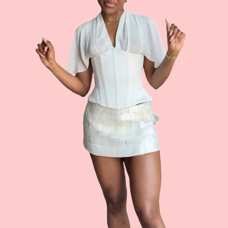 White V-Neck Short-Sleeve Top & Sequined Skirt Set