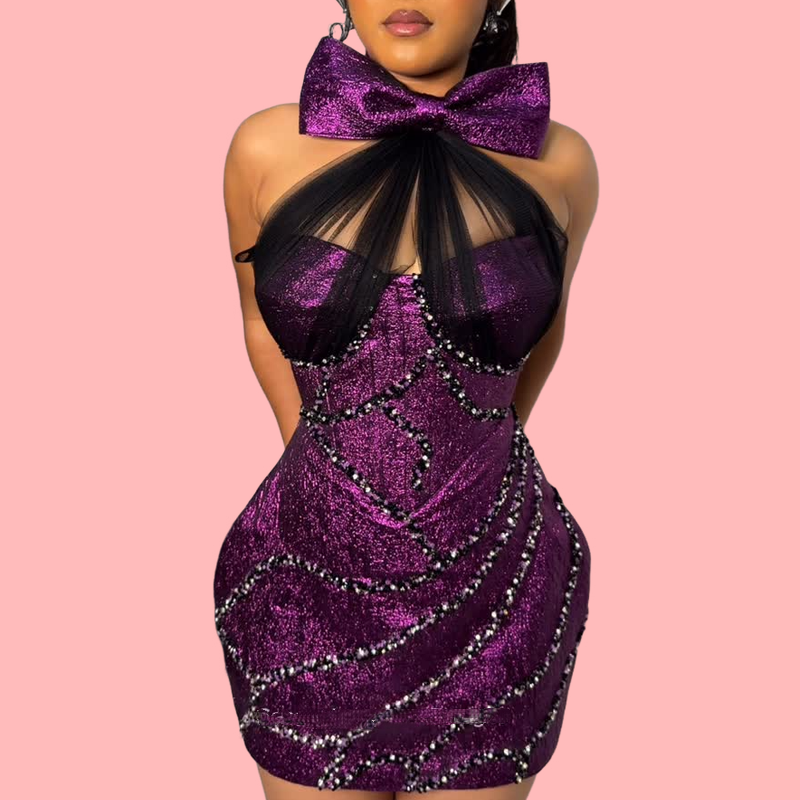 Purple Rhinestone Bow Mini Dress