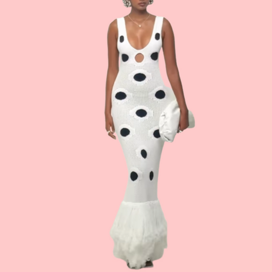 White Knit Cutout Fringe Maxi Dress