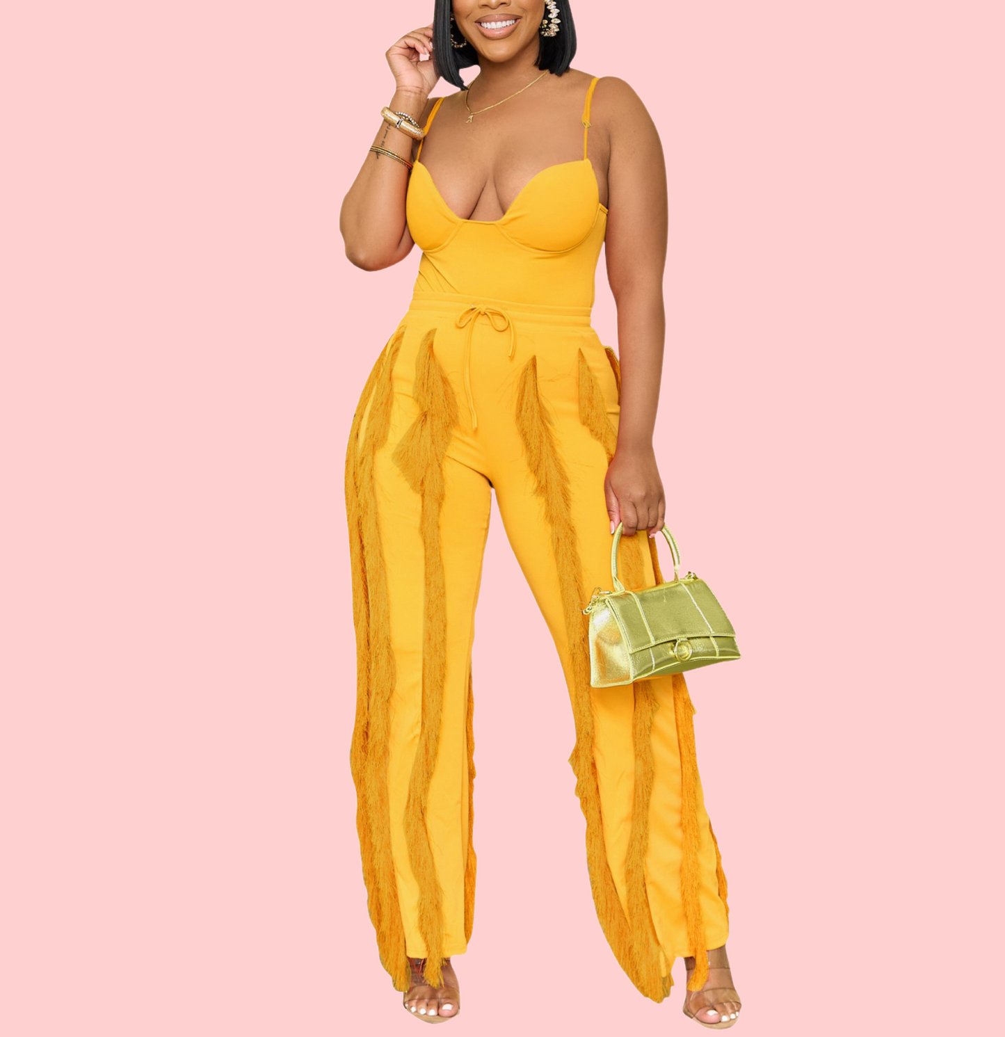 Solid-Color Strapless Top & Fringe-Trimmed Pants Set