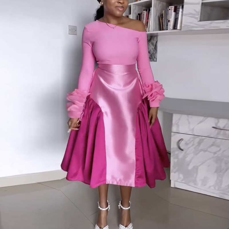 Pink Puff Sleeve Patchwork Maxi Dress