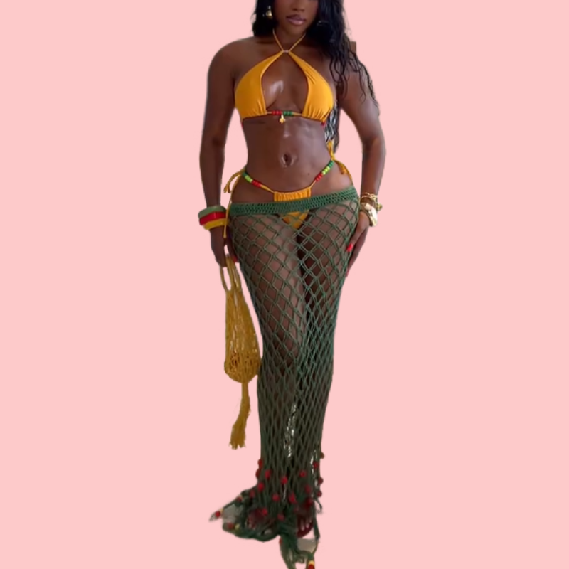 Yellow Bikini + Green Mesh Skirt Set