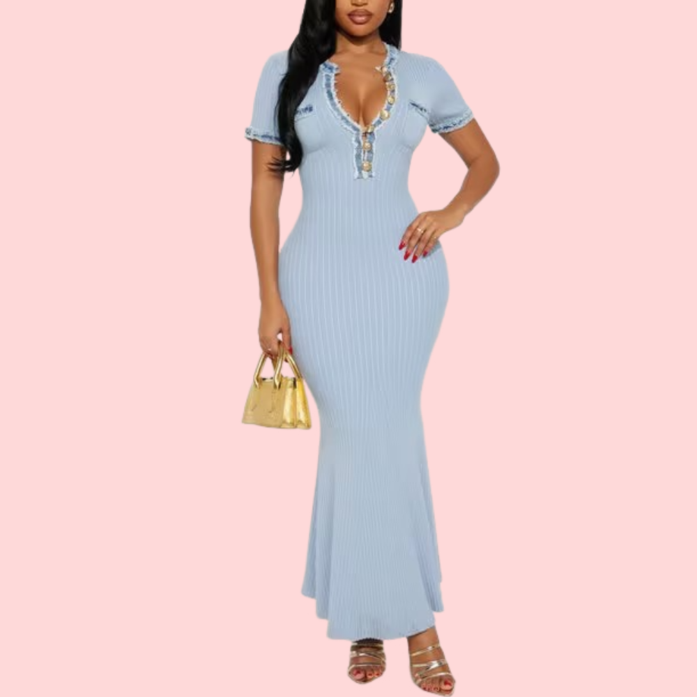Knit Button-Up Short-Sleeve Fitted Maxi Dress