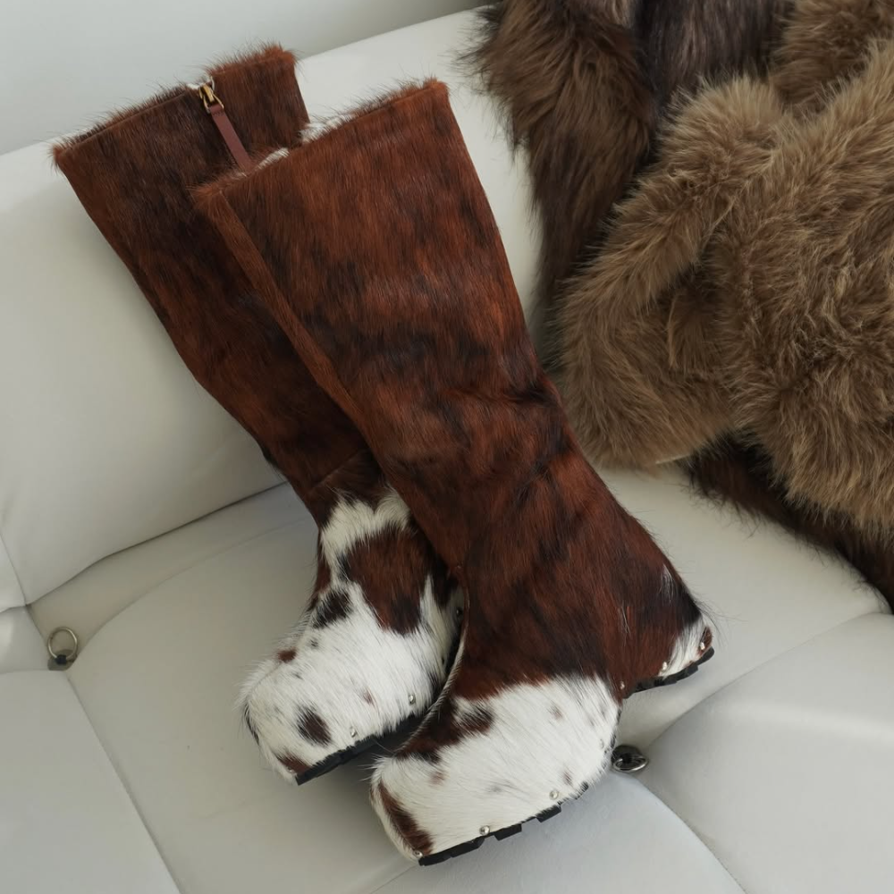 Plush Cow-Print Fleece-Lined Boots