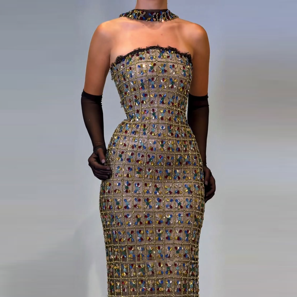 Colorful Rhinestone Strapless Maxi Dress