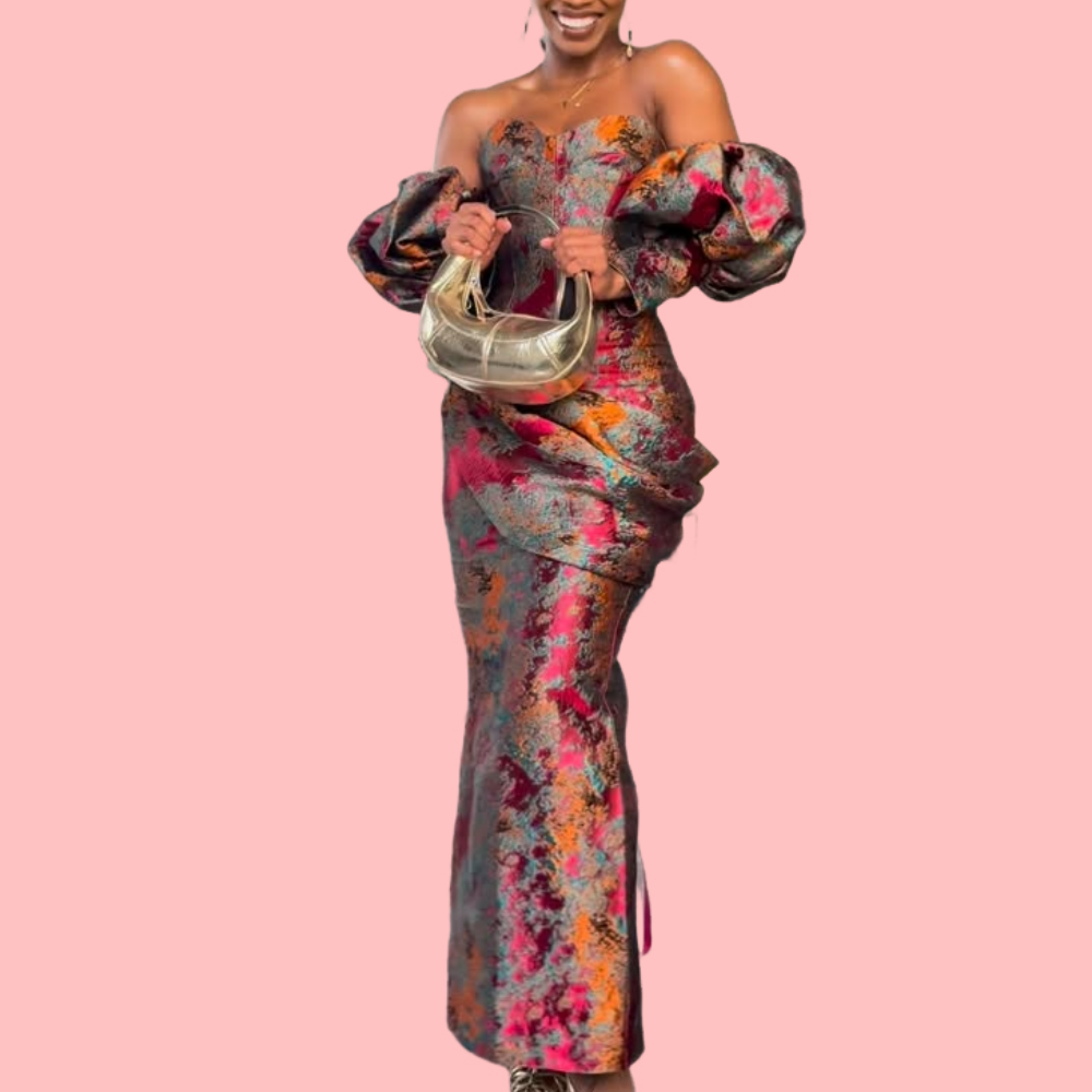 Floral Embroidered Strapless Maxi Dress & Sleeve Covers