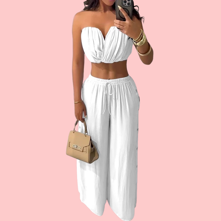 Solid Color Sheath Top & Wide Leg Pants Set