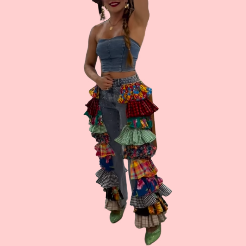 Colorful Crop Patchwork Denim Trousers